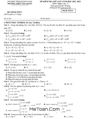 Đề thi giữa kì 1 Toán 11 năm 2022-2023 trường THPT Tây Giang - Quảng Nam (có đáp án)