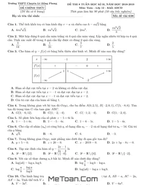 Đề thi 8 tuần HK2 Toán 12 năm 2018 - 2019 trường chuyên Lê Hồng Phong - Nam Định