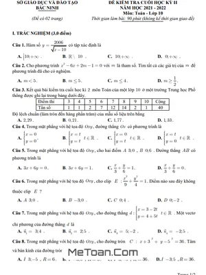 Đề kiểm tra cuối kỳ 2 Toán 10 năm 2021 - 2022 sở GD&ĐT Bắc Ninh