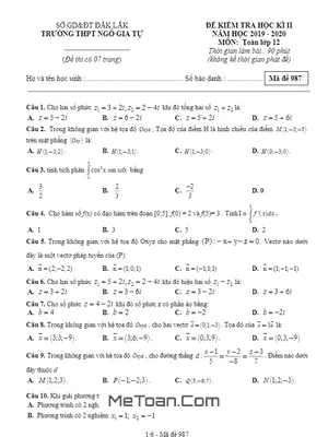 Đề thi HK2 Toán 12 năm học 2019 - 2020 trường THPT Ngô Gia Tự - Đắk Lắk