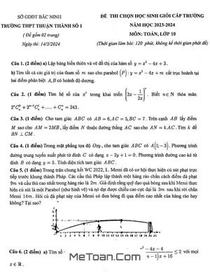 Đề thi học sinh giỏi Toán 10 năm 2023 - 2024 trường THPT Thuận Thành 1 - Bắc Ninh