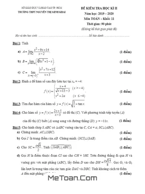 Đề thi HK2 Toán 11 năm 2019 - 2020 trường THPT Nguyễn Thị Minh Khai - TP HCM