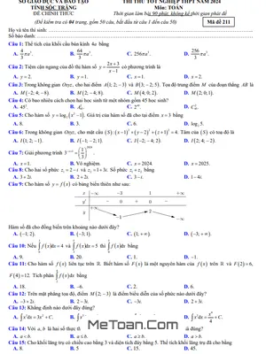 Đề thi thử tốt nghiệp THPT 2024 môn Toán - Sở GD&ĐT Sóc Trăng (mã đề 211)