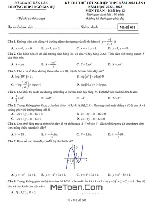 Đề thi thử Toán TN THPT 2023 lần 1 trường THPT Ngô Gia Tự - Đắk Lắk