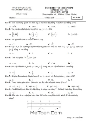Đề Thi Thử Tốt Nghiệp THPT 2021 Môn Toán Trường THPT Hải Lăng - Quảng Trị