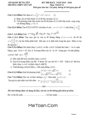 Đề thi thử THPT Quốc gia 2016 môn Toán trường THPT Yên Mỹ – Hưng Yên