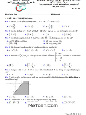 Đề thi giữa kì 1 Toán 10 năm 2023 - 2024 trường THPT Nguyễn Trãi - Thái Bình (có đáp án)