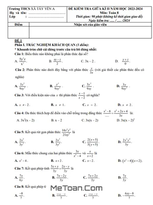 Đề thi giữa kì 2 Toán 8 năm 2023 - 2024 trường THCS Tây Yên A - Kiên Giang