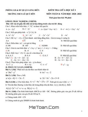 Đề thi giữa kì 1 Toán 8 năm 2020 - 2021 trường THCS Lê Quý Đôn - Hà Nội