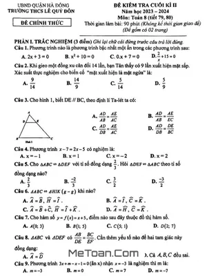 Đề Thi Cuối Kì 2 Toán 8 Năm 2023 - 2024 Trường THCS Lê Quý Đôn - Hà Nội