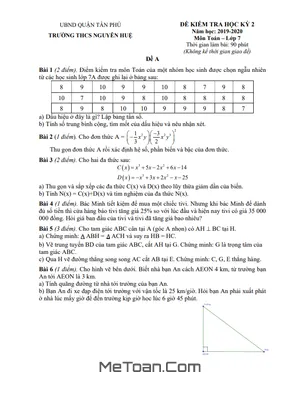 Đề thi học kì 2 Toán lớp 7 năm 2019 - 2020 trường THCS Nguyễn Huệ - TP HCM [Có đáp án]