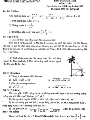 Đề khảo sát Toán 9 lần 1 năm 2022 - 2023 phòng GD&ĐT Thanh Trì - Hà Nội