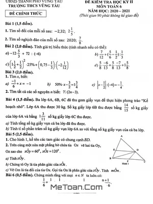 Đề thi học kì 2 Toán 6 năm 2020 - 2021 trường THCS Vũng Tàu - BR VT