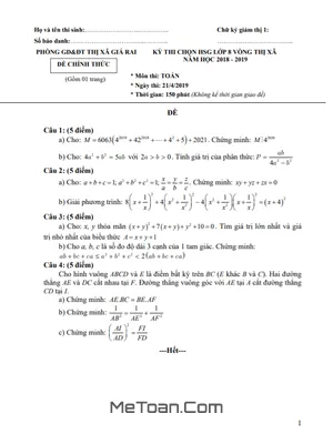 Đề thi HSG Toán 8 năm 2018 - 2019 phòng GD&ĐT thị xã Giá Rai, Bạc Liêu