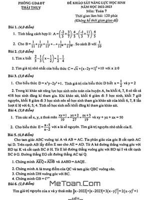 Đề KSNL Toán 7 năm 2022 - 2023 phòng GD&ĐT Thái Thụy - Thái Bình