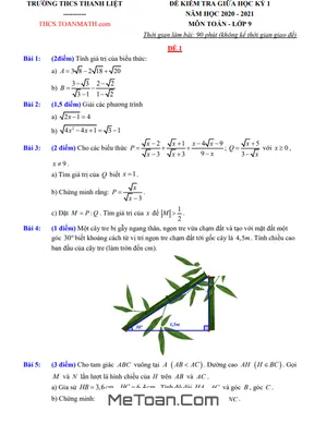 Đề thi giữa kì 1 Toán 9 năm 2020 - 2021 trường THCS Thanh Liệt - Hà Nội