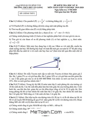 Đề thi HK2 Toán 9 năm 2019 - 2020 trường THCS Hồ Văn Long - TP HCM (Có đáp án)