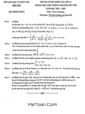 Đề thi tuyển sinh lớp 10 môn Toán chuyên năm 2022 - 2023 trường THPT chuyên Bến Tre
