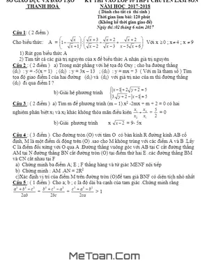 Đề thi tuyển sinh lớp 10 môn Toán chuyên Lam Sơn - Thanh Hóa năm 2017 - 2018