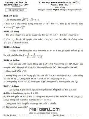 Đề thi học sinh giỏi Toán 9 năm 2022 - 2023 trường THCS Cầu Giấy - Hà Nội