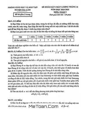Đề khảo sát tháng 10 Toán 9 năm 2024 - 2025 phòng GD&ĐT Gia Lâm - Hà Nội