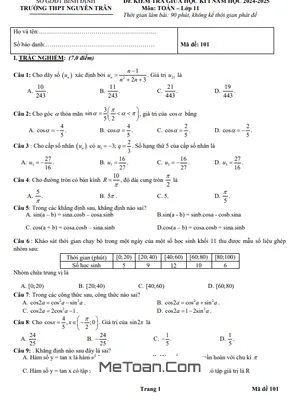 Đề Thi Giữa Kì 1 Toán 11 Năm 2024 - 2025 Trường THPT Nguyễn Trân - Bình Định