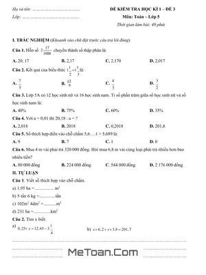 Đề Kiểm Tra Cuối Học Kì 1 Môn Toán Lớp 5 - Đề 3