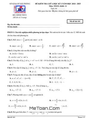 Đề Thi Giữa Kỳ 1 Toán 11 Năm 2024 - 2025 Trường THPT Chuyên Trần Phú - Hải Phòng