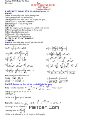 Đề Cương Ôn Tập Học Kì 1 Toán 9 Năm 2024 - 2025 Trường THCS Đoàn Thị Điểm - Hà Nội
