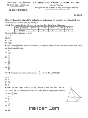 Đề thi học sinh giỏi Toán 12 năm 2024 - 2025 sở GD&ĐT Bà Rịa - Vũng Tàu