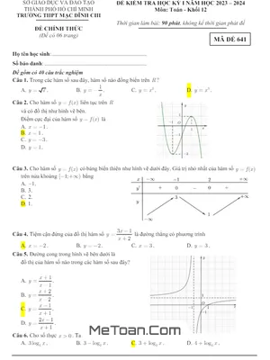 Đề thi học kỳ 1 Toán 12 năm 2023 - 2024 trường THPT Mạc Đĩnh Chi - TP HCM
