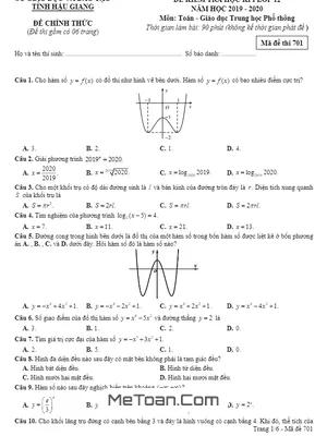Đề thi HK1 Toán 12 năm học 2019 - 2020 sở GD&ĐT Hậu Giang mã đề 701