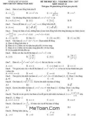 Đề thi HK1 Toán 12 năm 2016 - 2017 trường chuyên Thoại Ngọc Hầu - An Giang