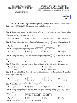 Đề giữa học kỳ 2 Toán 10 năm 2023 – 2024 trường THPT Thanh Miện 2 – Hải Dương