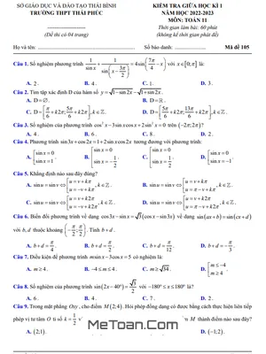 Đề thi giữa kì 1 Toán 11 năm 2022 - 2023 trường THPT Thái Phúc - Thái Bình