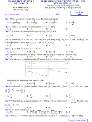 Đề khảo sát Toán 12 lần 1 năm 2022 – 2023 trường THPT Yên Định 2 – Thanh Hóa