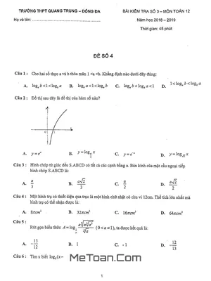 Đề kiểm tra số 3 Toán 12 năm 2018 - 2019 trường THPT Quang Trung - Hà Nội - Mã đề 4