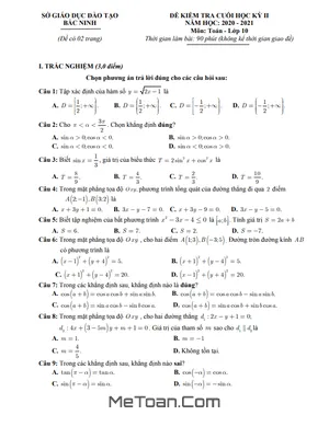 Đề thi cuối học kỳ 2 Toán 10 năm 2020 - 2021 sở GD&ĐT Bắc Ninh