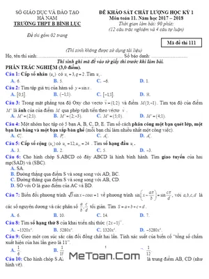 Đề KSCL học kỳ 1 Toán 11 năm học 2017 - 2018 trường THPT B Bình Lục - Hà Nam có đáp án
