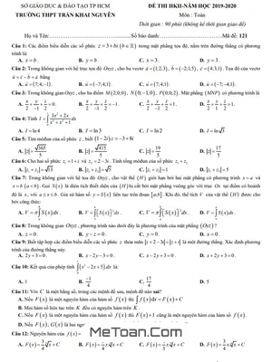 Đề thi học kì 2 Toán 12 năm 2019 - 2020 trường THPT Trần Khai Nguyên - TP HCM