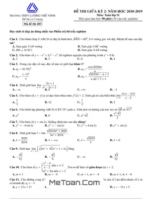 Đề thi giữa kỳ 2 Toán 11 năm 2018 - 2019 trường Lương Thế Vinh - Hà Nội