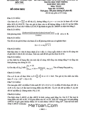 Đề thi học sinh giỏi cấp tỉnh Toán 12 năm 2021 - 2022 sở GD&ĐT Bến Tre