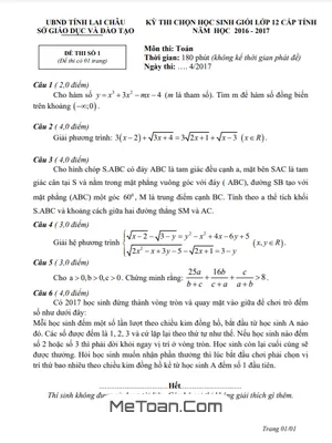 Đề thi HSG Toán 12 cấp tỉnh năm 2016 - 2017 sở GD&ĐT Lai Châu (có đáp án)