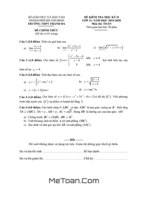 Đề thi học kì 2 môn Toán lớp 11 năm 2019 - 2020 trường THPT Thanh Đa - TP.HCM (có lời giải)