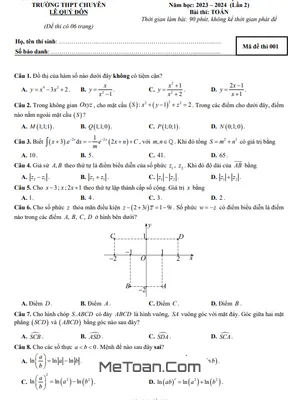 Đề thi thử Toán tốt nghiệp THPT 2024 lần 2 trường chuyên Lê Quý Đôn – Đà Nẵng