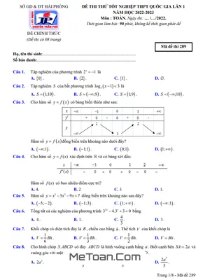 Đề thi thử Toán tốt nghiệp THPT 2023 lần 1 trường chuyên Trần Phú – Hải Phòng