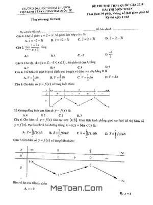 Đề thi thử Toán THPT Quốc gia 2018 trường Đại học Ngoại Thương – Hà Nội