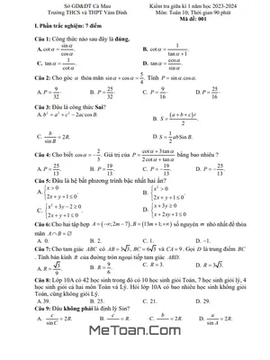 Đề giữa kì 1 Toán 10 năm 2023 – 2024 trường THCS&THPT Vàm Đình – Cà Mau
