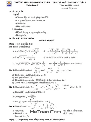 Đề Cương Ôn Tập Cuối Kì 1 Toán 9 Năm 2023-2024 Trường THCS Hoàng Hoa Thám - Hà Nội