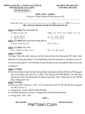Đề Tham Khảo Học Kì 1 Toán 8 Năm 2021 - 2022 Trường Quốc Tế Á Châu - TP HCM